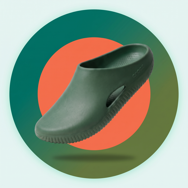 SlipperSpot hero A - green Crocs Mellow Recovery clog on coral and teal colour blocks