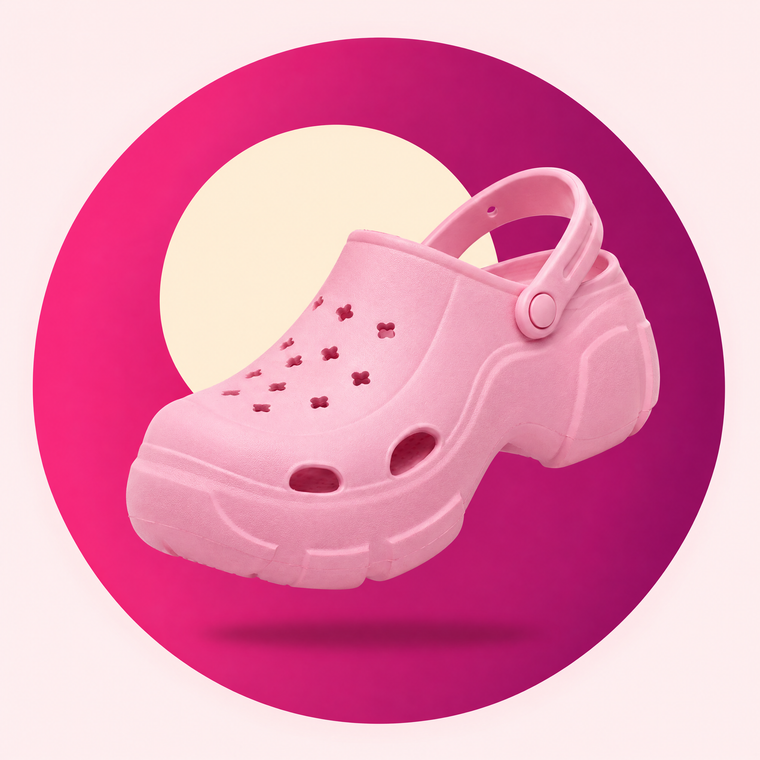 7cm platform clog in rose pink on a raspberry colour-blocked circle