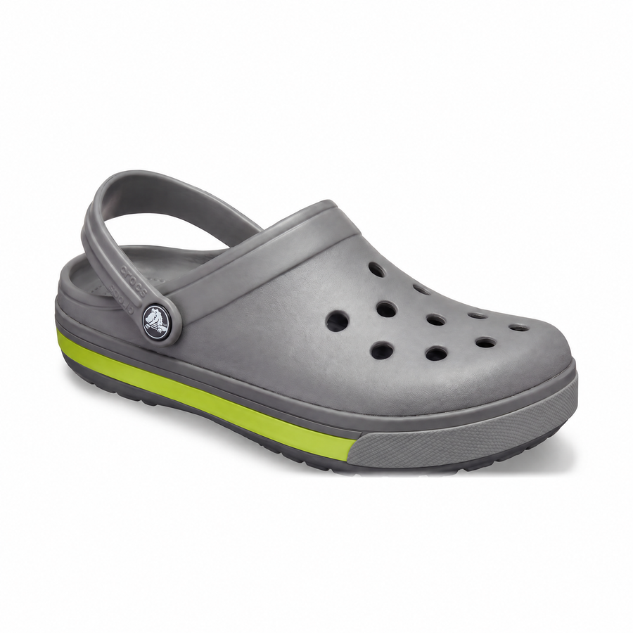 Crocs Clogs Lined Gray - grey clog, lime green band, dark charcoal outsole, grey toe bumper, white background